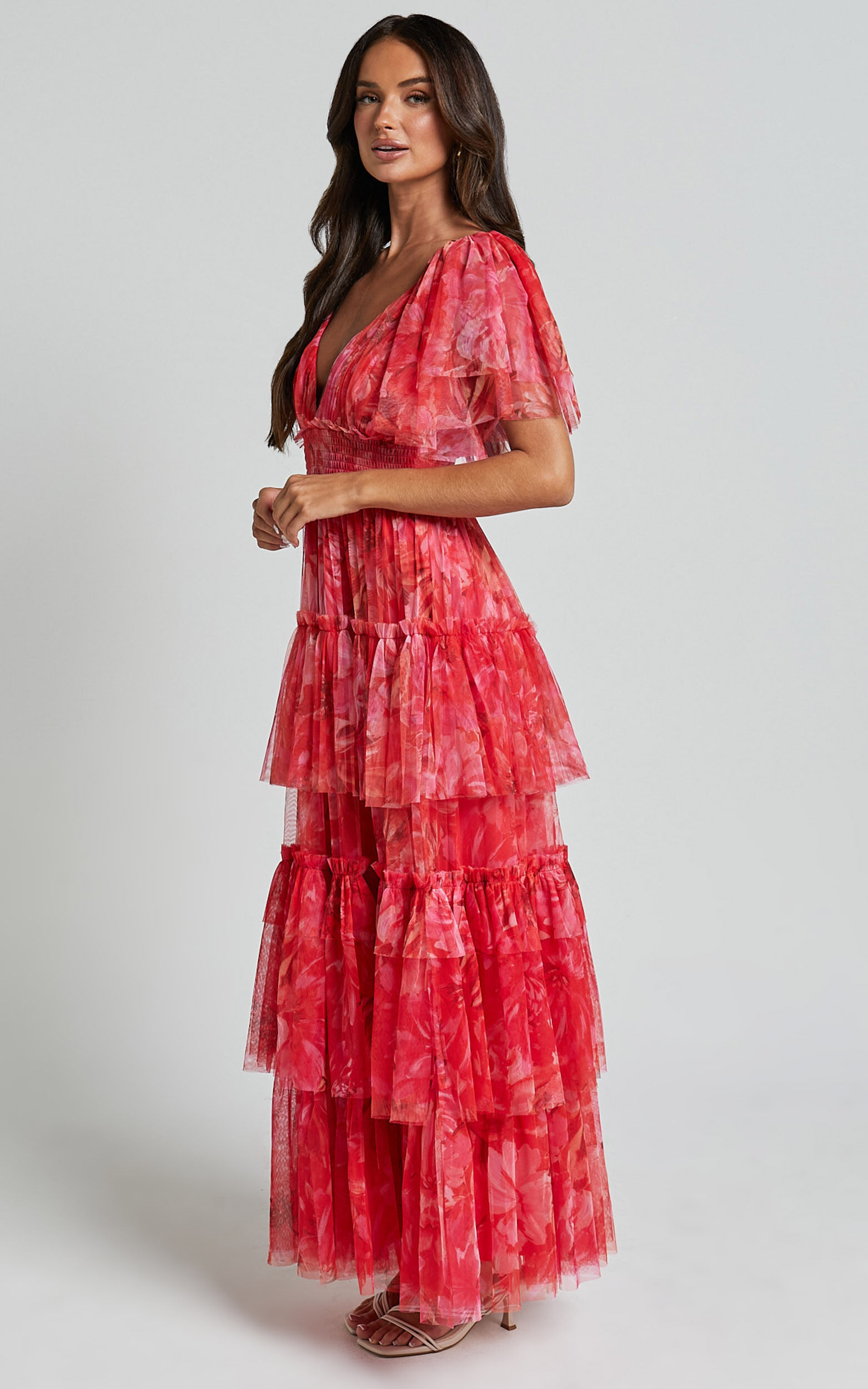 Leianna Midi Dress - Tulle Flutter Sleeve Tiered Ruffle Dress in Sunset Floral