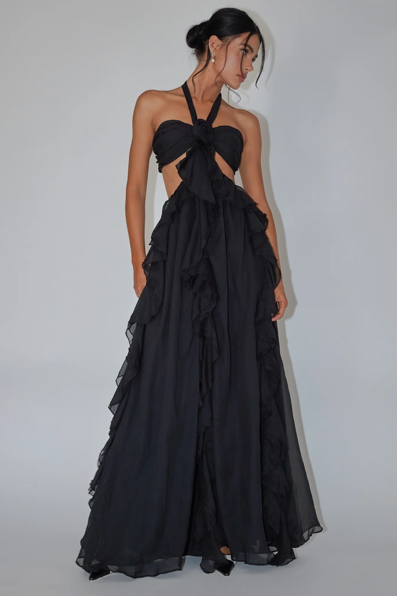 Santiago Cut-Out Ruffle Maxi Dress Black