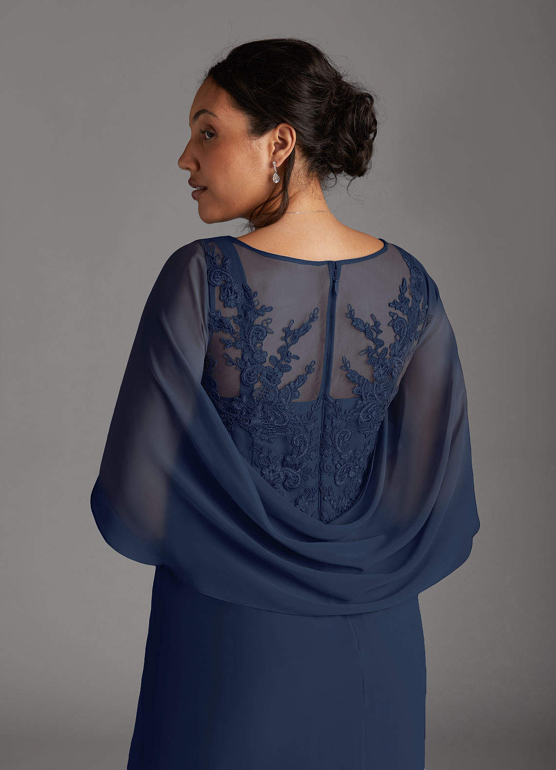 Dark Navy A-Line Lace Capelet Chiffon Dress