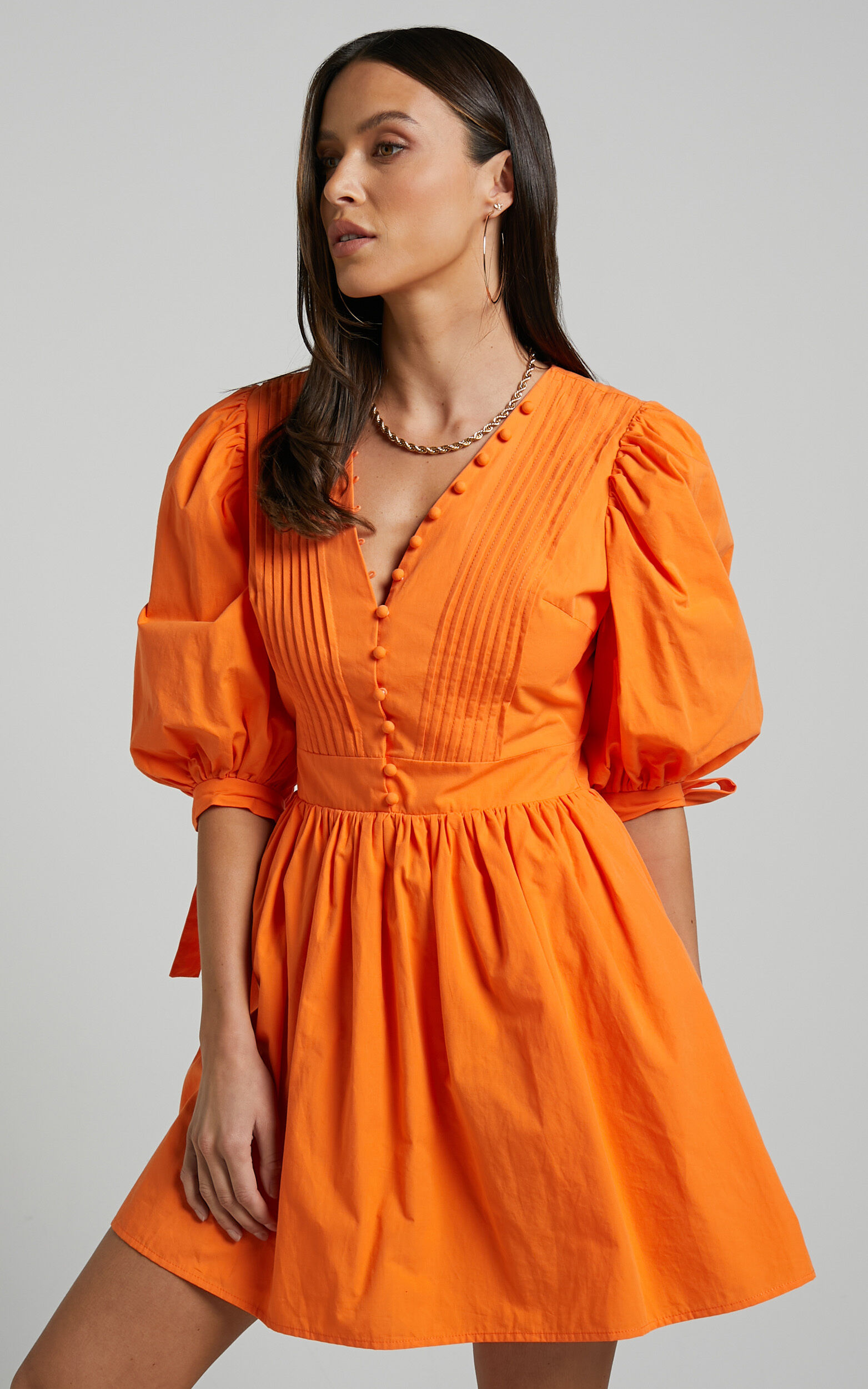 Zandra Mini Dress - Puff Sleeve Poplin Dress in Orange