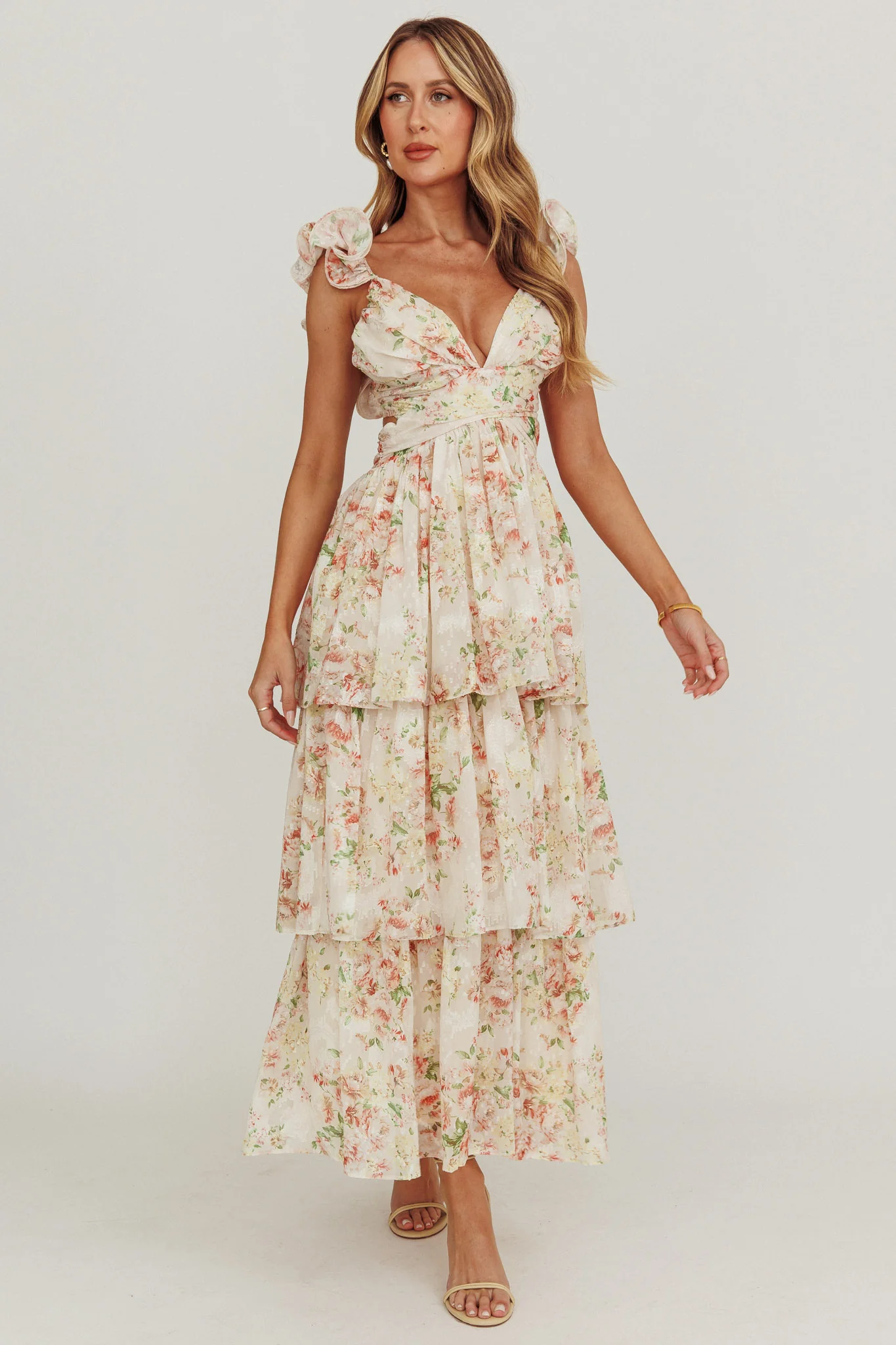 Roselle Backless Ruffle Maxi Dress Floral Multi
