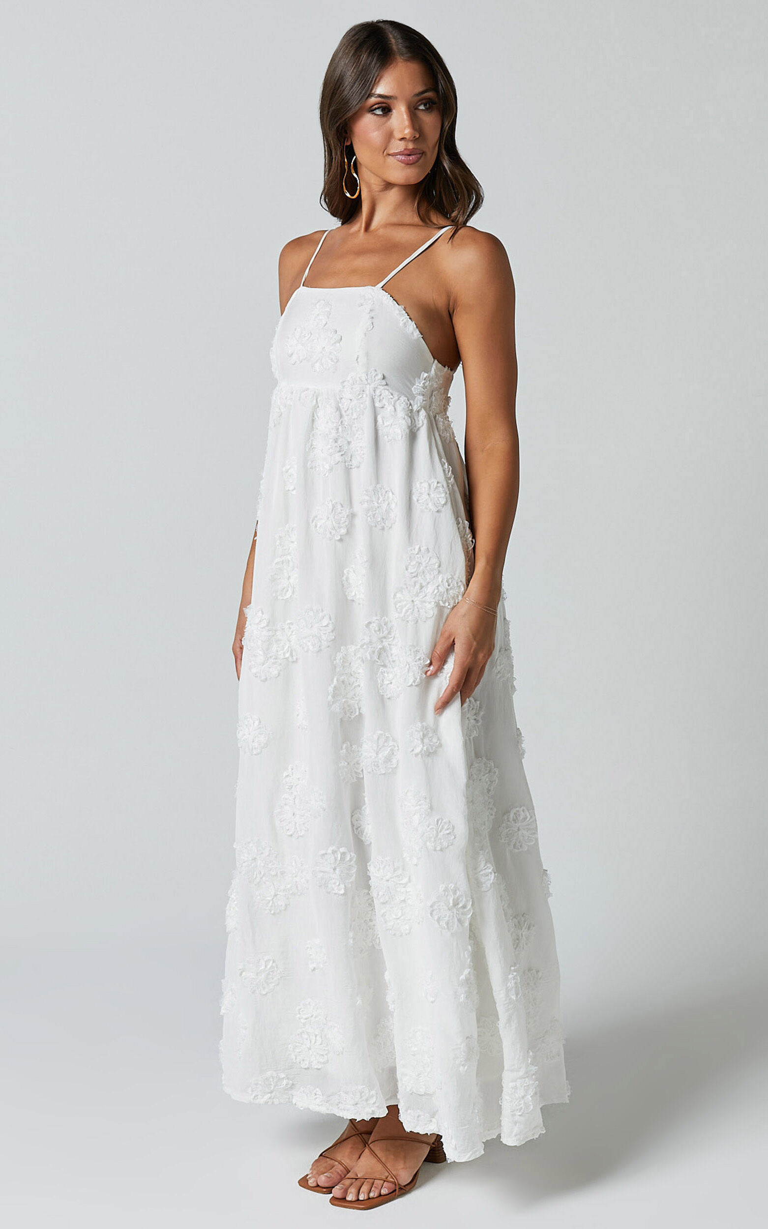 Claya Maxi Dress - Sleeveless Straight Neckline Floral Detail Dress in White Embroidery