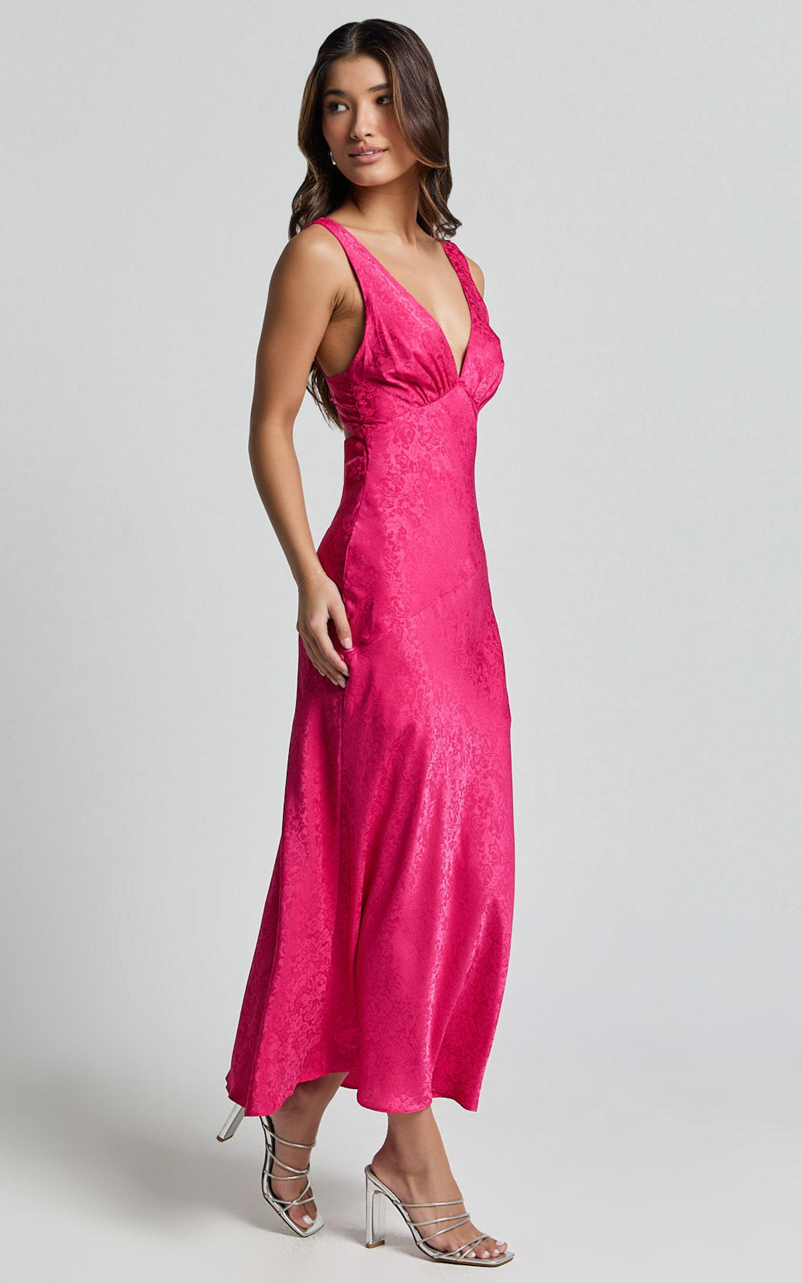 Cohen Midi Dress - Jacquard Satin Midi Dress in Pink