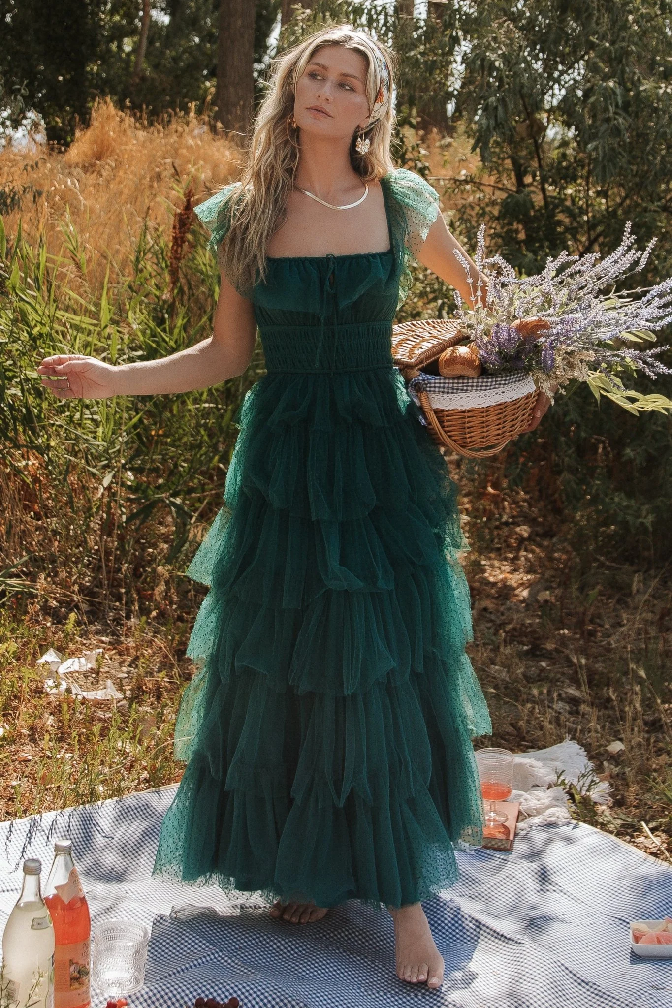 Valora Swiss Dot Tulle Maxi Dress | Dark Green
