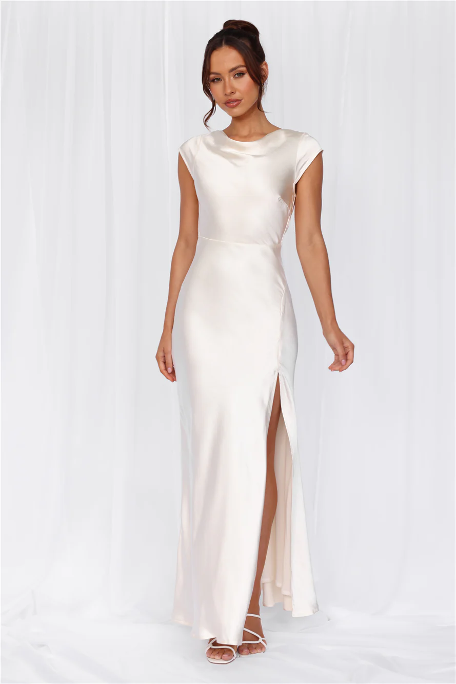 The Valentina Cap Sleeve Satin Maxi Dress Pearl