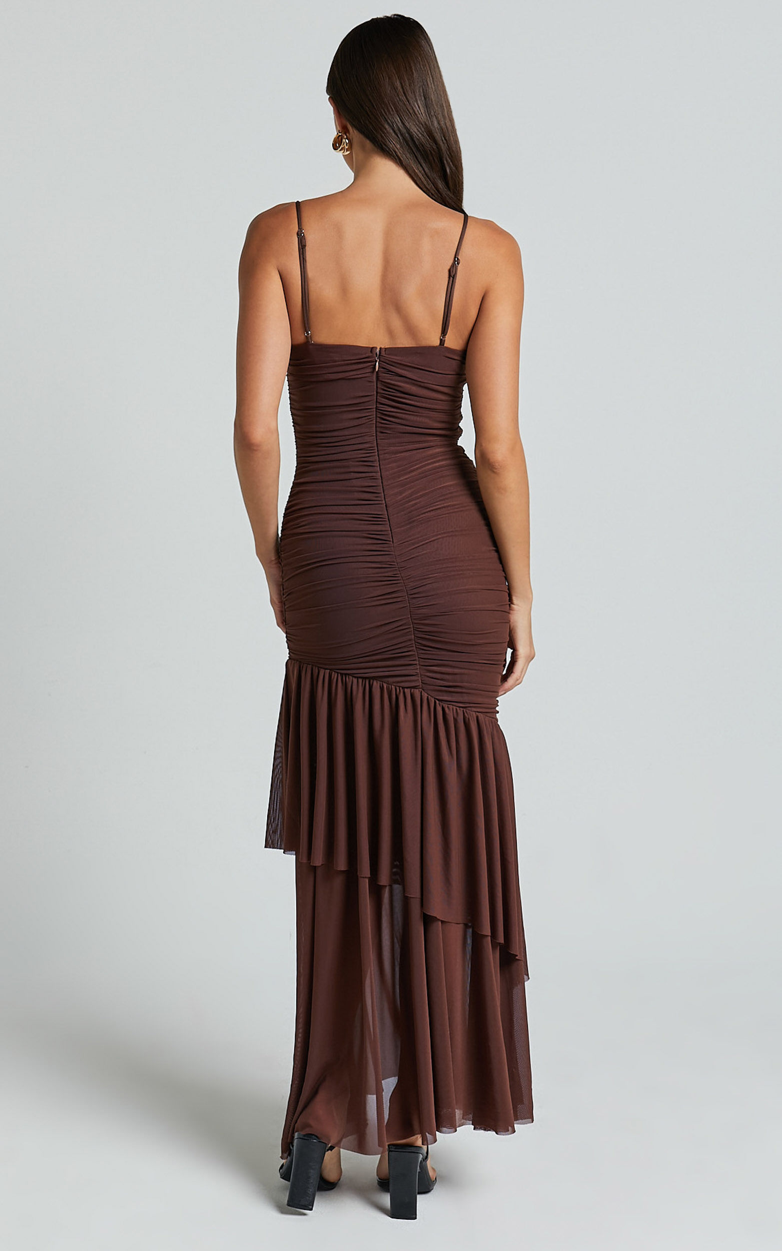 Harlene Maxi Dress- Ruched Mesh Frill Hem Dress in Chocolate