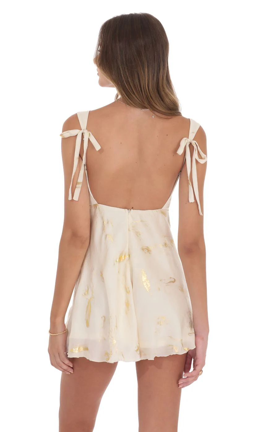 Gold Foil Open Back Dress in Cream