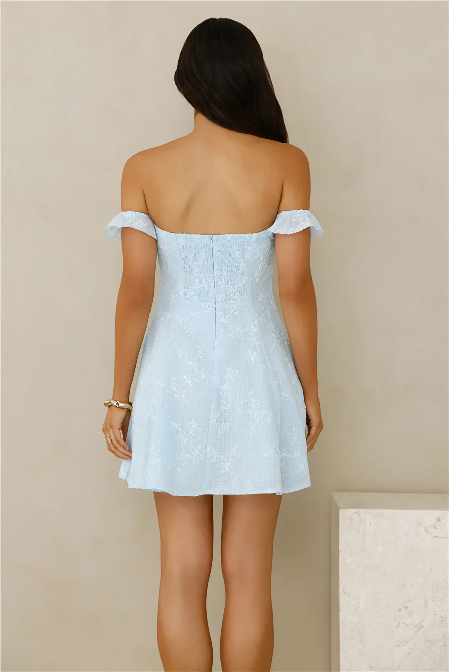 Lasting Impressions Off Shoulder Mini Dress Blue