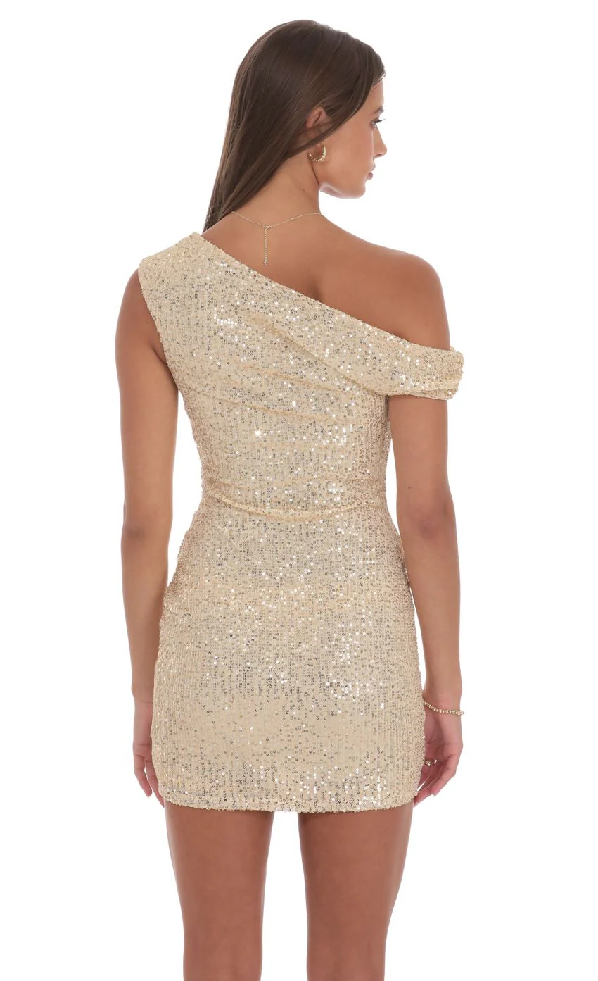 Off Shoulder Sequin Bodycon Dress in Gold