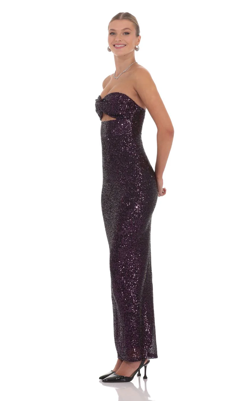 Sequin Cutout Maxi Dress in Dark Plum