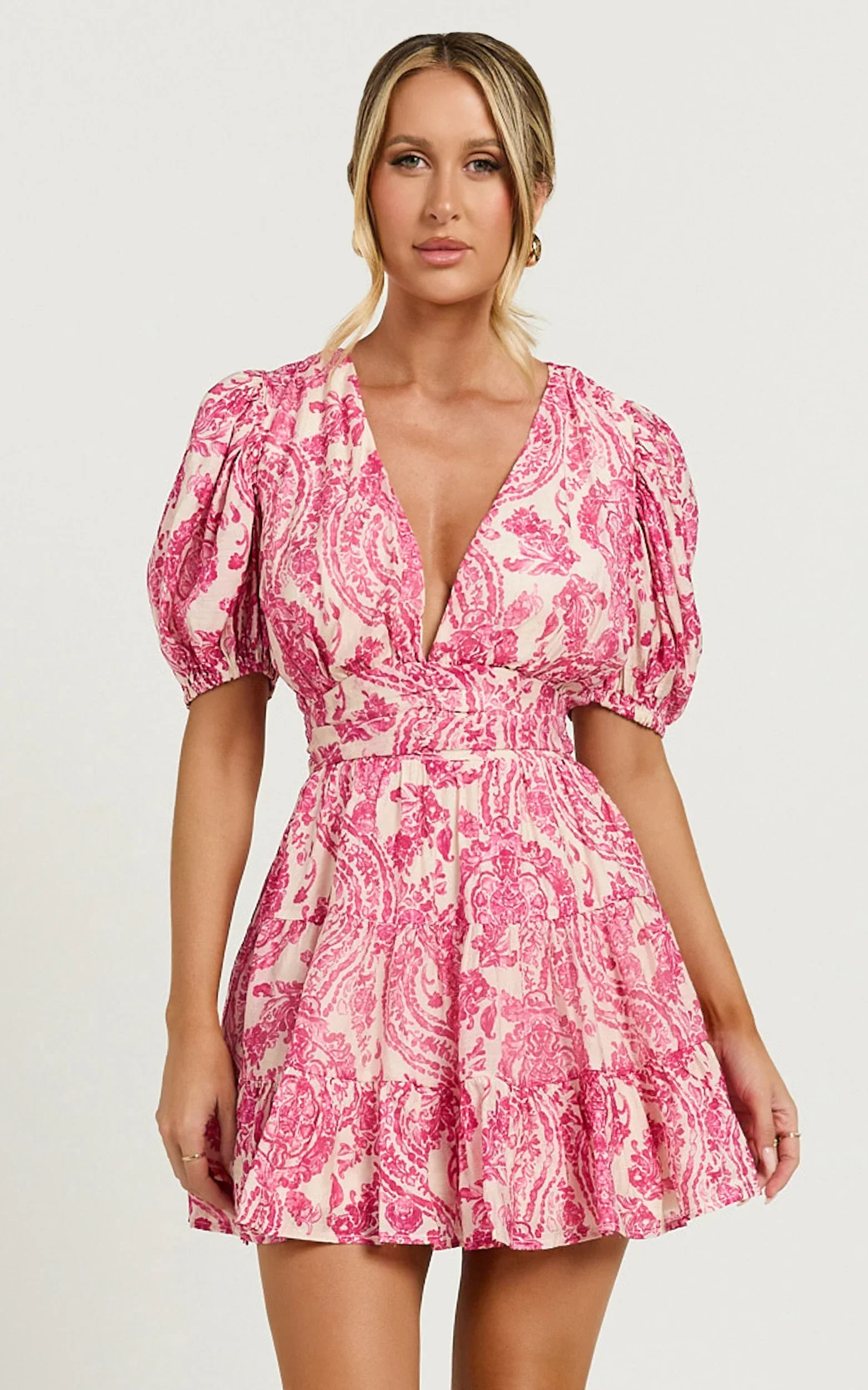 Adea Mini Dress Plunge Puff Sleeve Tiered Dress in Pink Floral