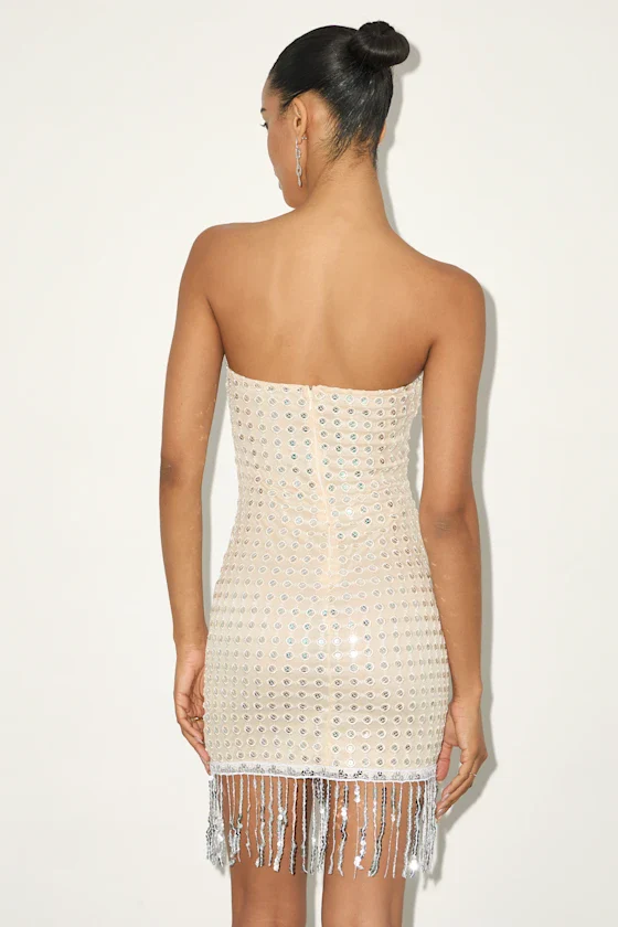 Suzie Beige Sequin Strapless Fringe Mini Dress