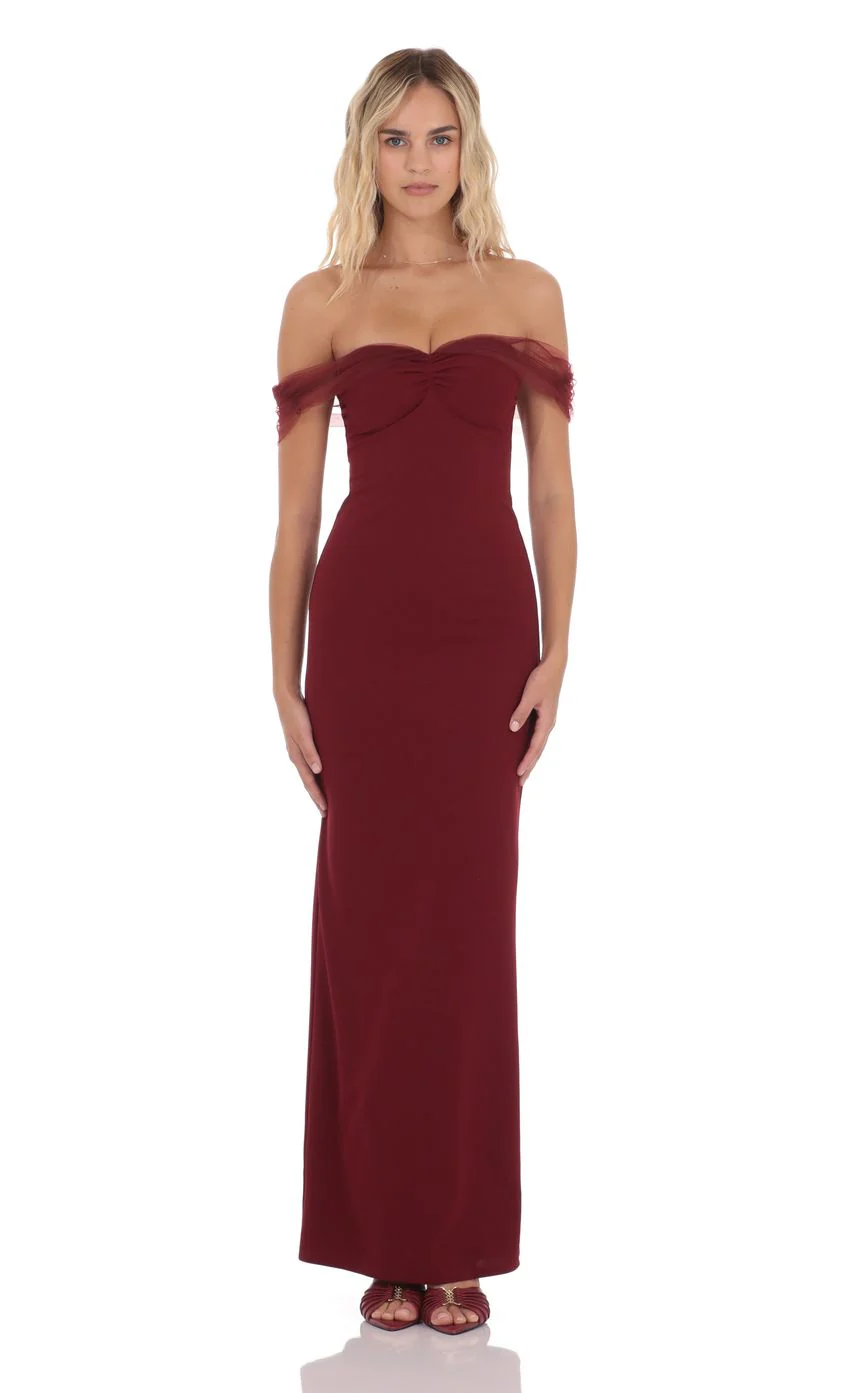 Tulle Off Shoulder Maxi Dress in Maroon