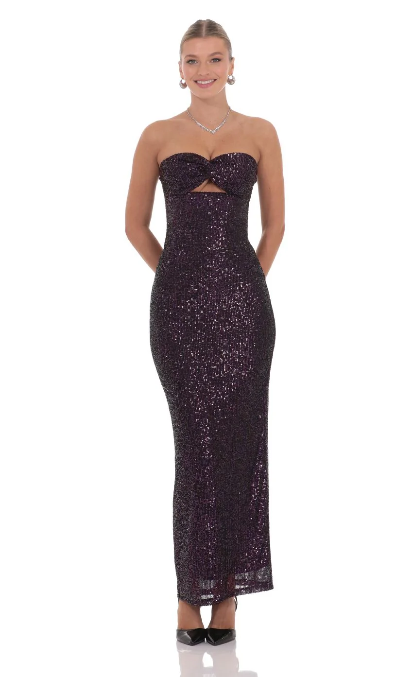 Sequin Cutout Maxi Dress in Dark Plum