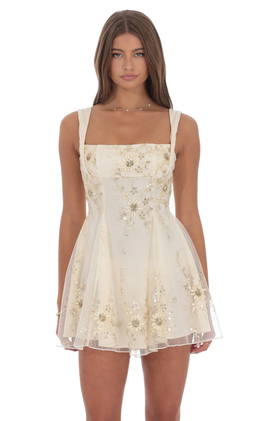 Floral Gold Sequin Fit and Flare Dress in Ivory