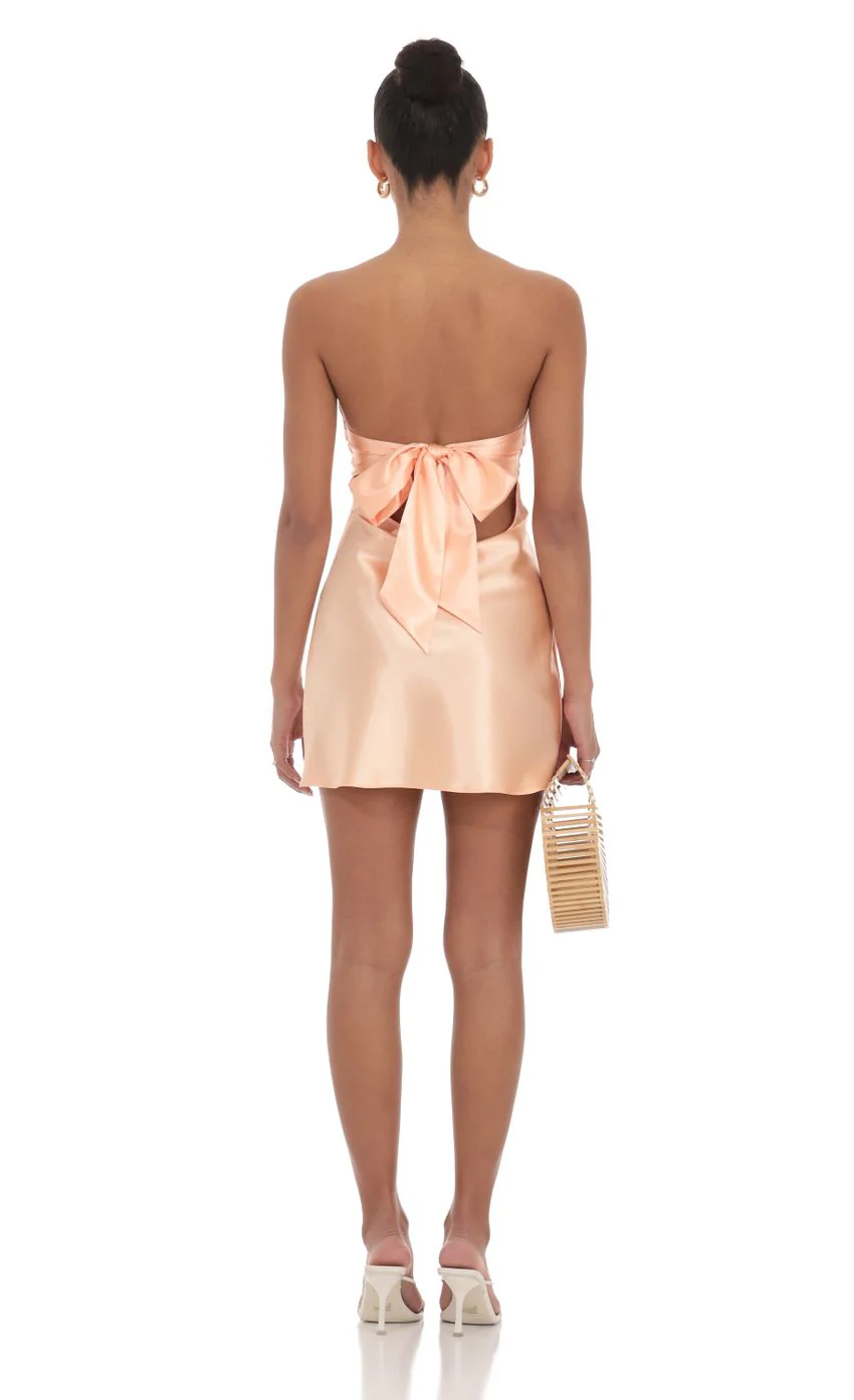 Satin Strapless Twist Cutout Dress in Peach