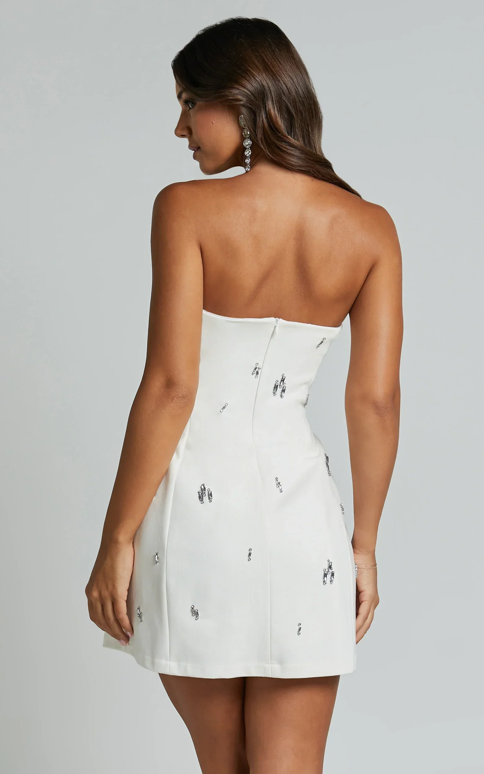 Anziel Mini Dress Strapless Structured Cluster Embellishment Dress in White