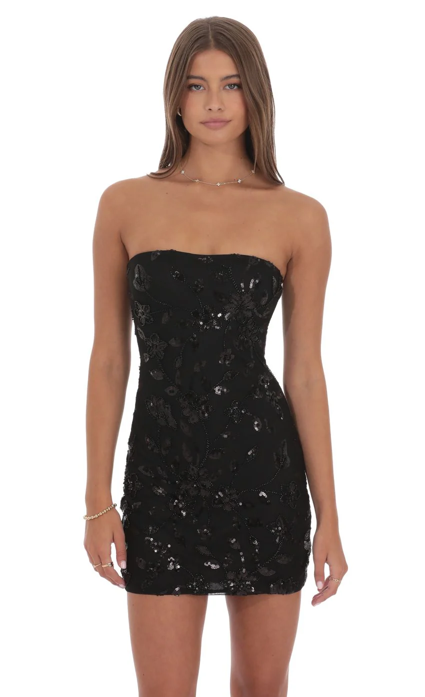 Strapless Sequin Floral Bodycon Dress in Black