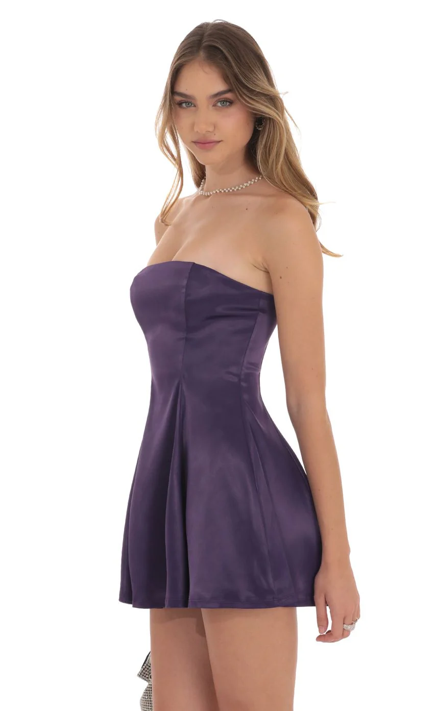 Strapless Satin Fit and Flare Dress in Purple