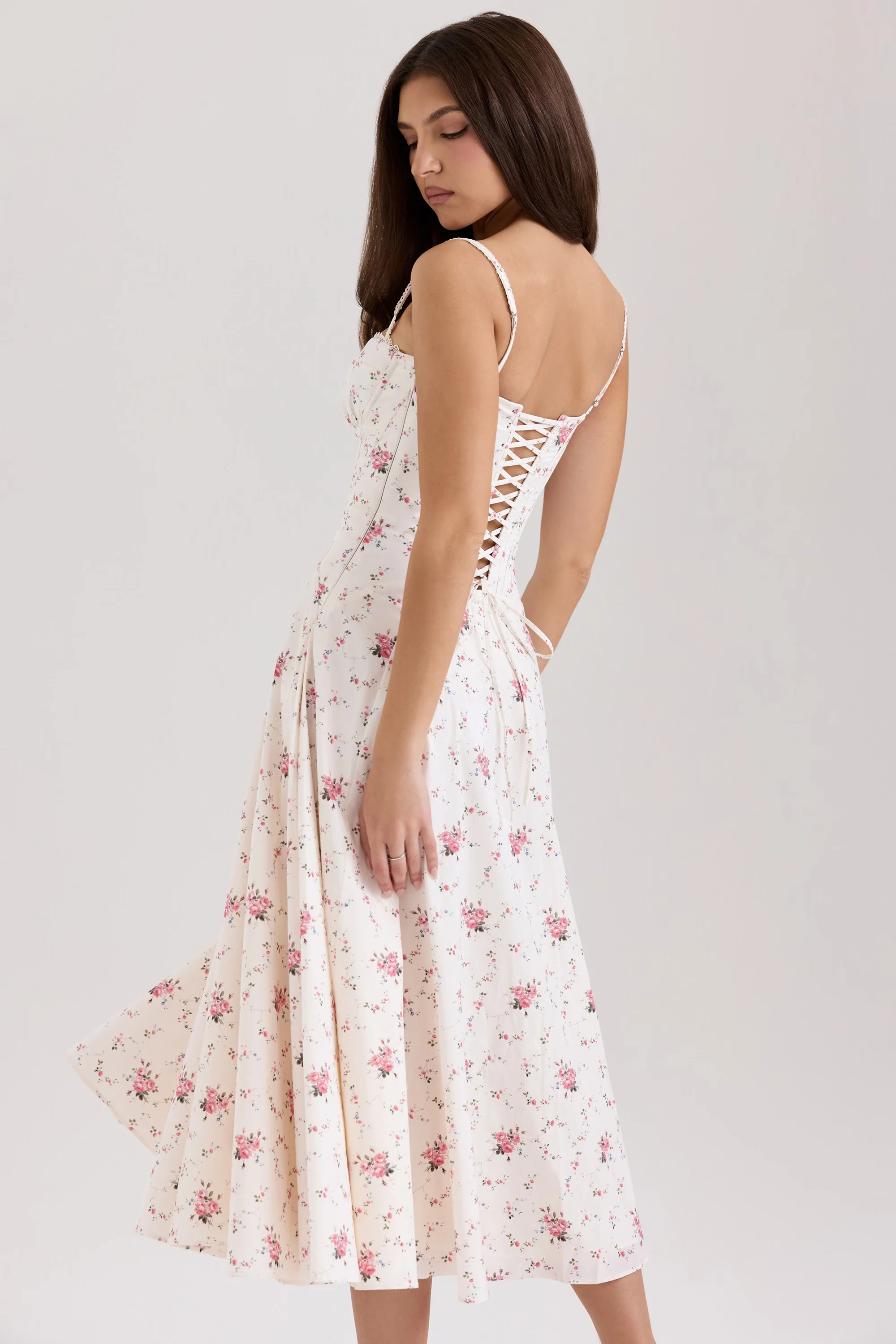 White Stretch Cotton Rose Print Midi Sundress