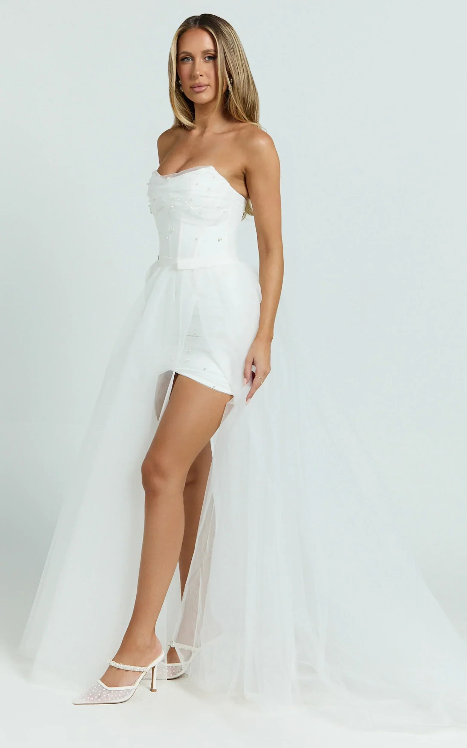 Kelsey Mini Dress Beaded Strapless Corset Panel Dress with Detachable Tulle Skirt in White