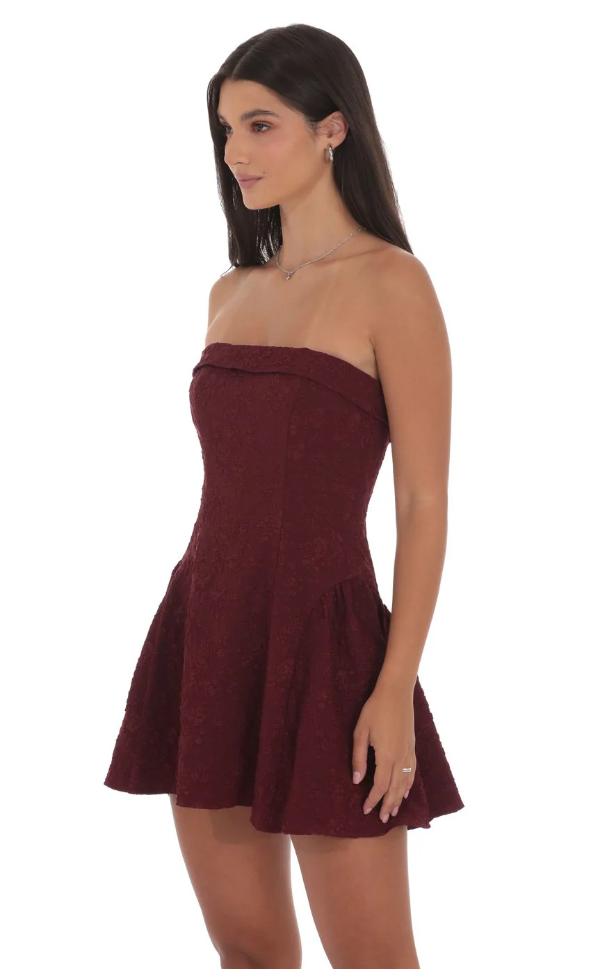 Jacquard Strapless Flare Dress in Burgundy