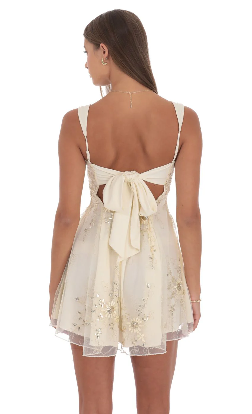 Floral Gold Sequin Fit and Flare Dress in Ivory