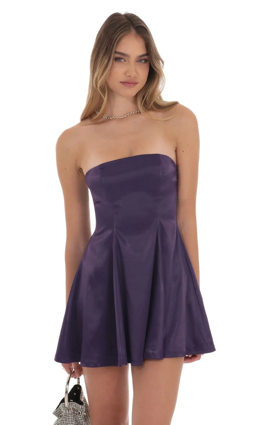 Strapless Satin Fit and Flare Dress in Purple