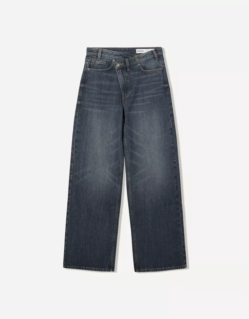 Wide leg jeans with crossover waistband