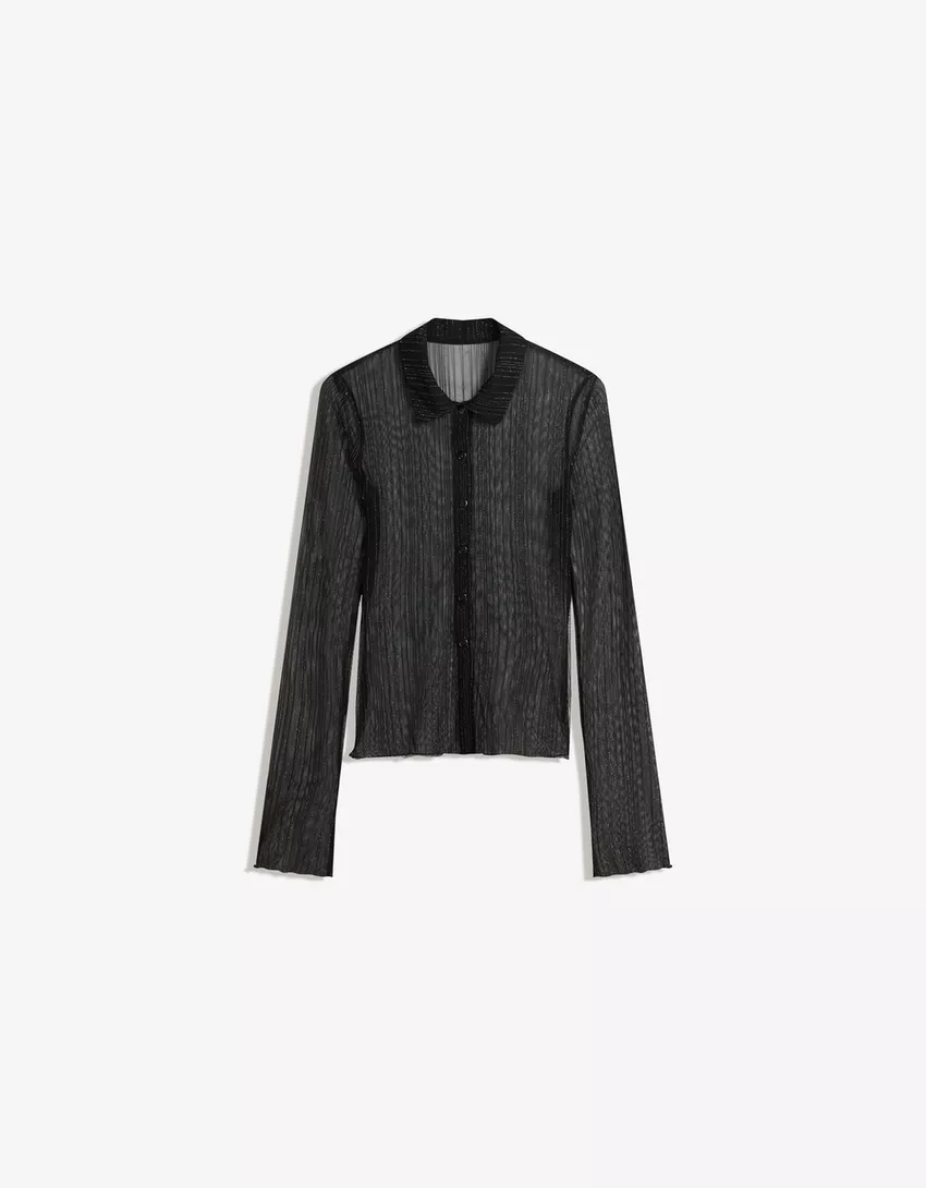 Long sleeve tulle T-shirt with rhinestones