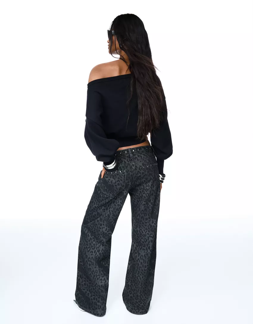 Animal print straight-leg studded pants