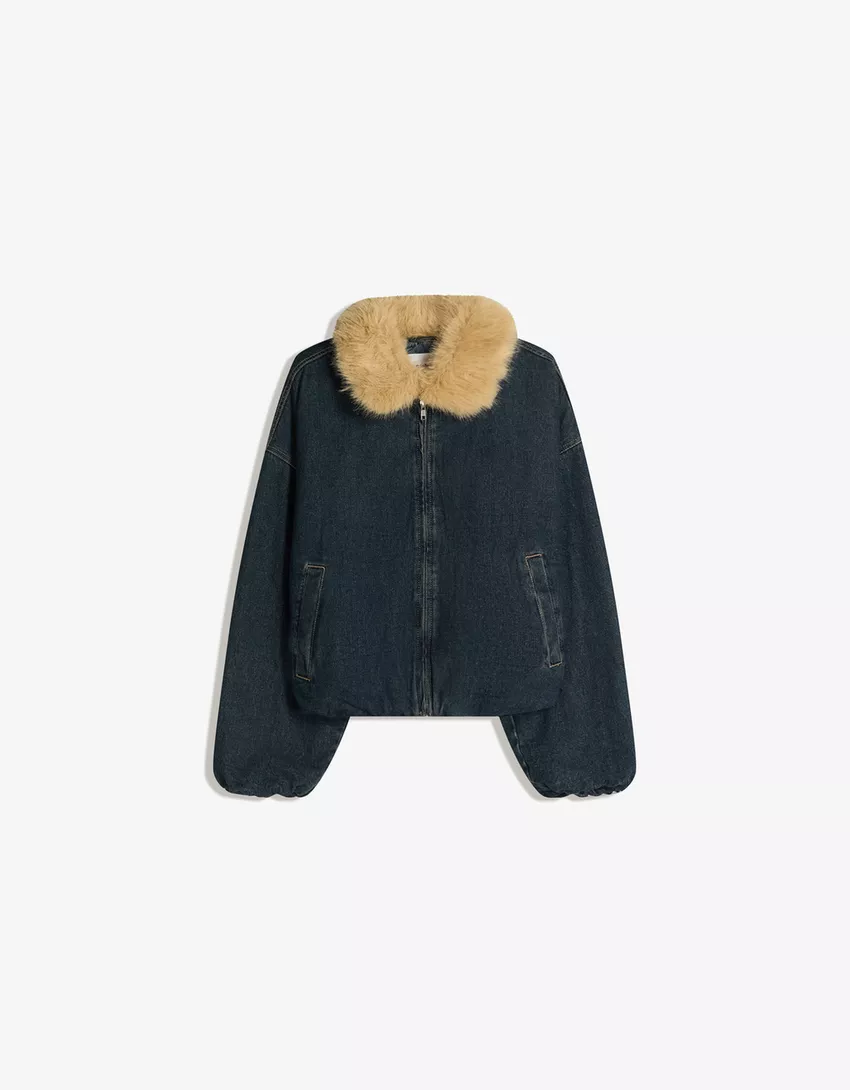 Denim jacket with faux fur collar