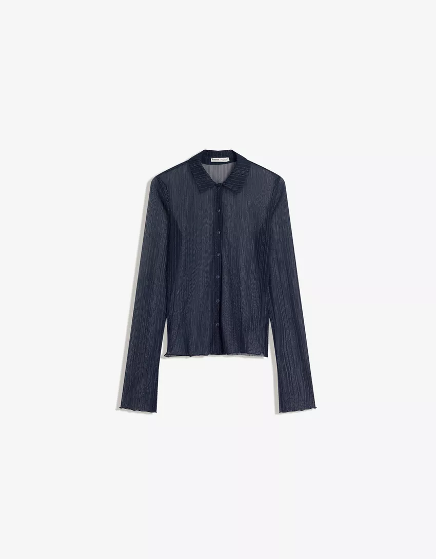 Long sleeve tulle T-shirt with rhinestones