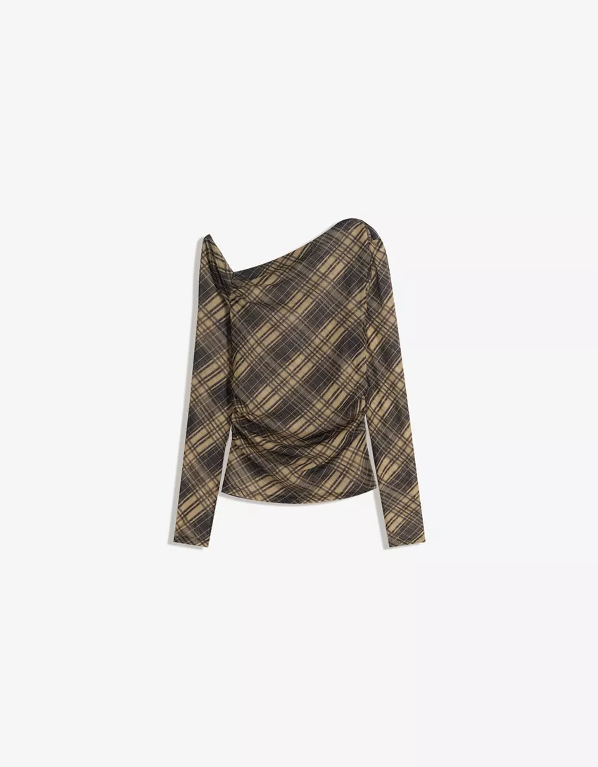 Long sleeve check tulle T-shirt