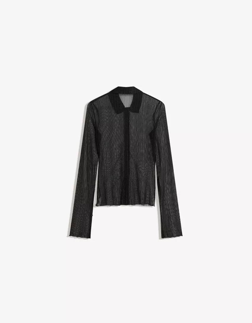 Long sleeve tulle T-shirt with rhinestones