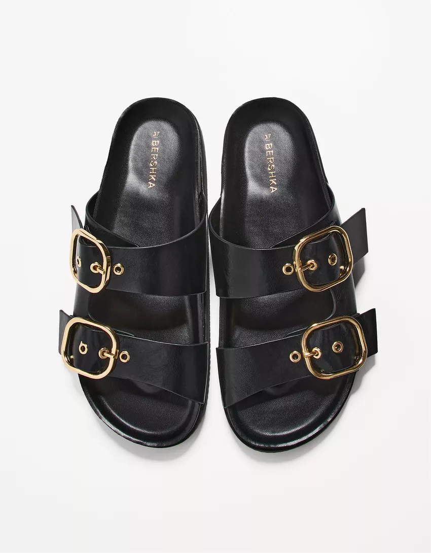 Flat slider sandals with buckles