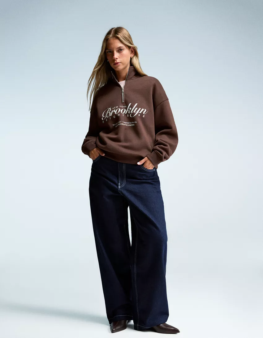 Printed zip-up neck sweatshirt