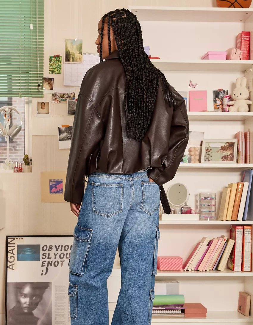 Belted leather effect bomber jacket