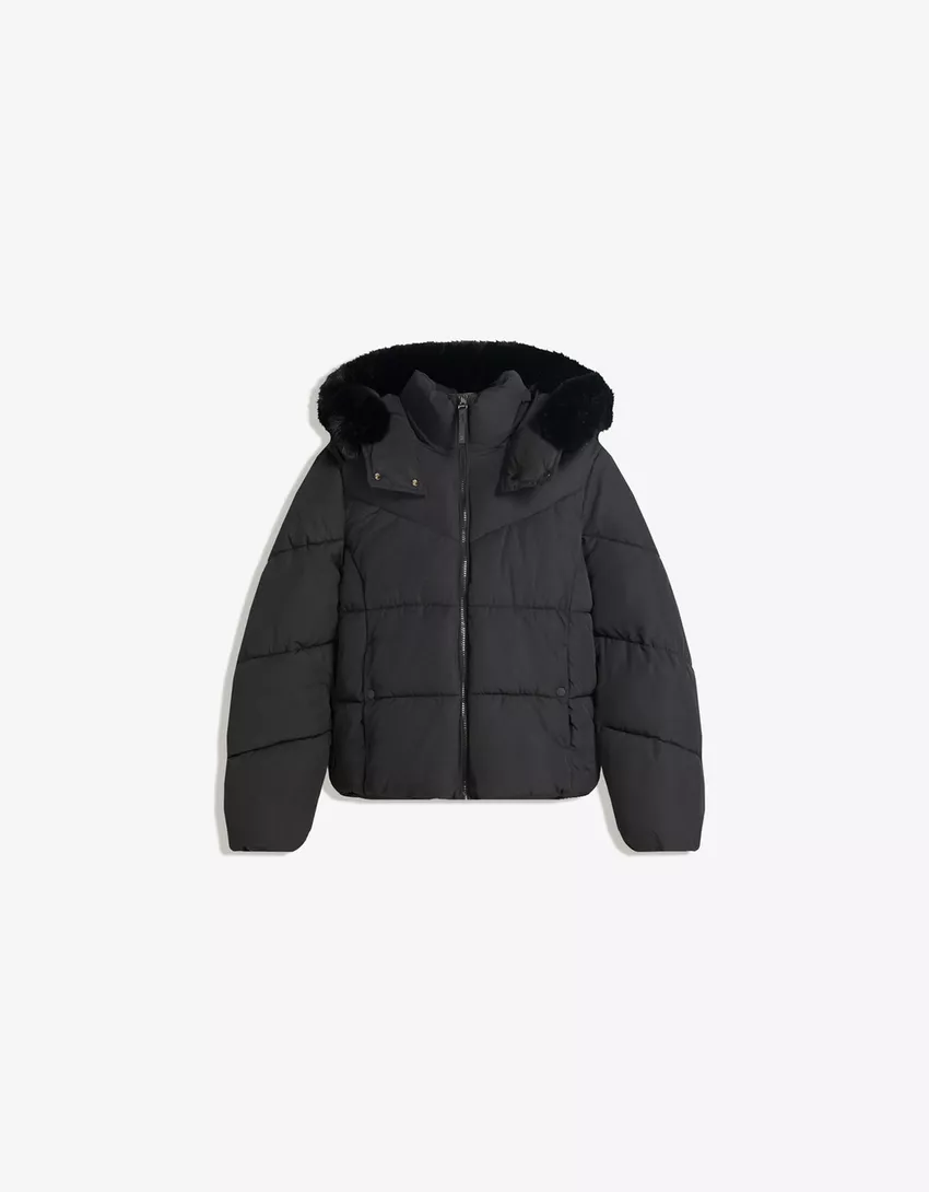Water-repellent hooded puffer jacket with faux fur