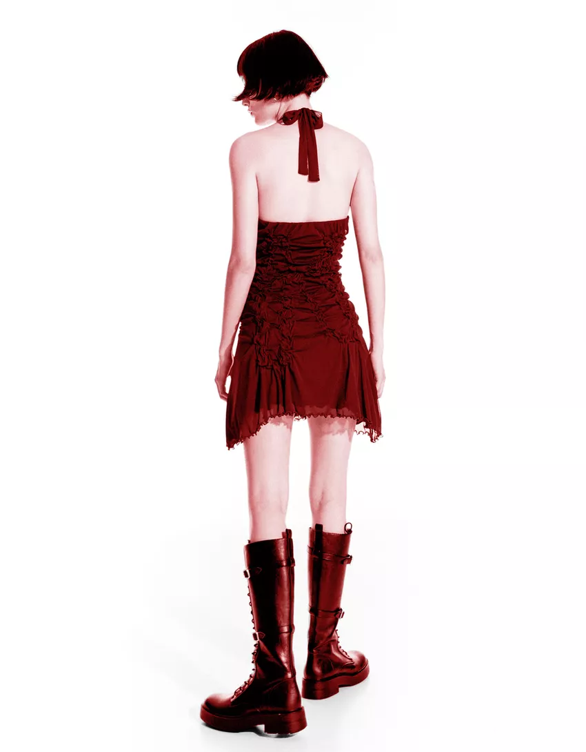 Gathered lace mini dress