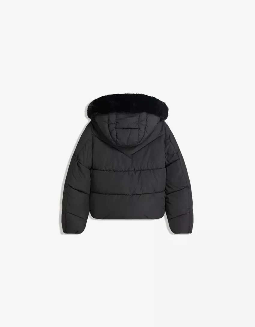 Water-repellent hooded puffer jacket with faux fur