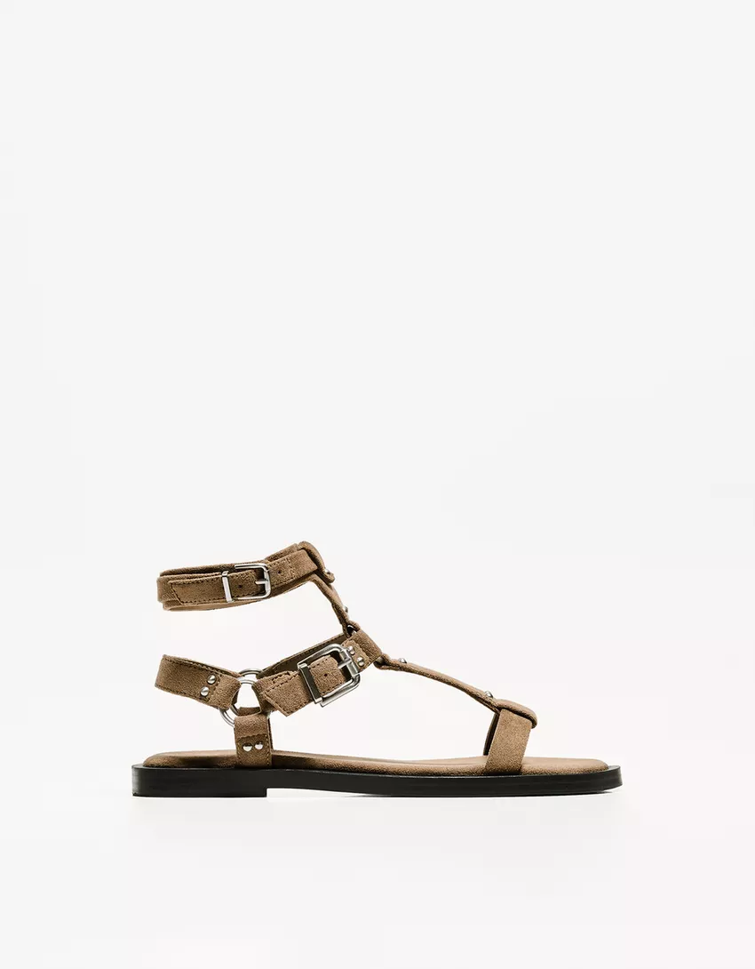 Flat slider sandals with buckles