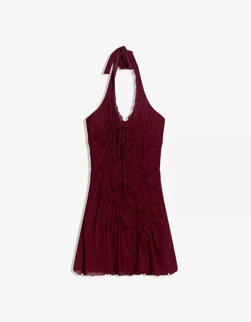 Gathered lace mini dress