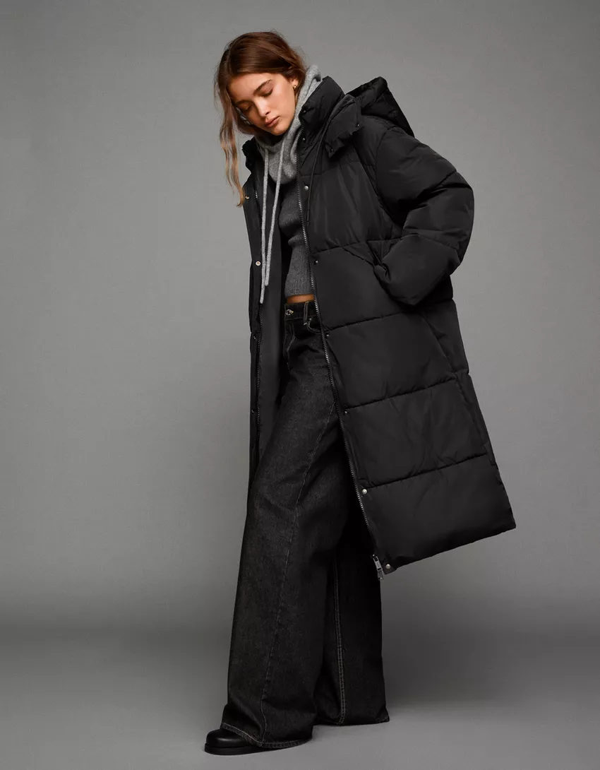 Long puffer coat with hood