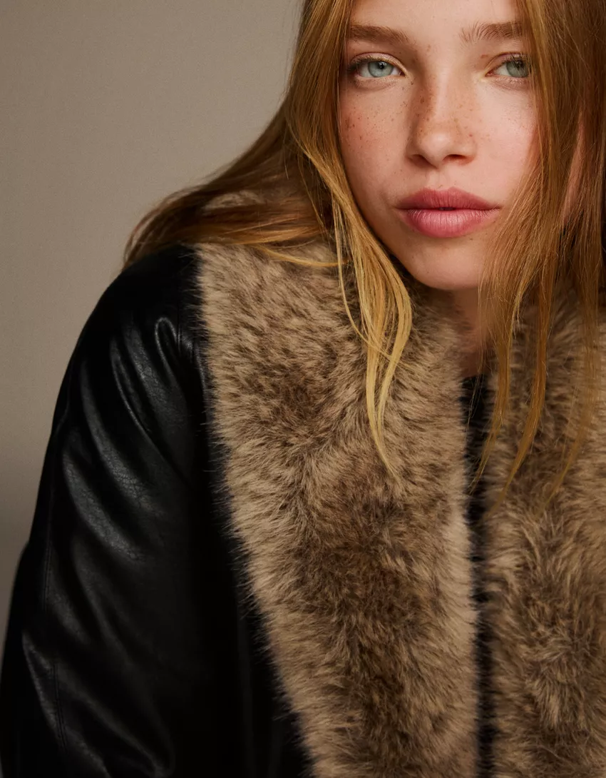 Leather effect jacket with faux fur collar