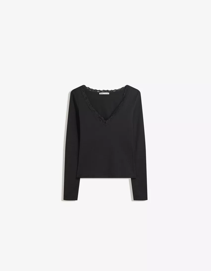 Long sleeve lace-trimmed T-shirt