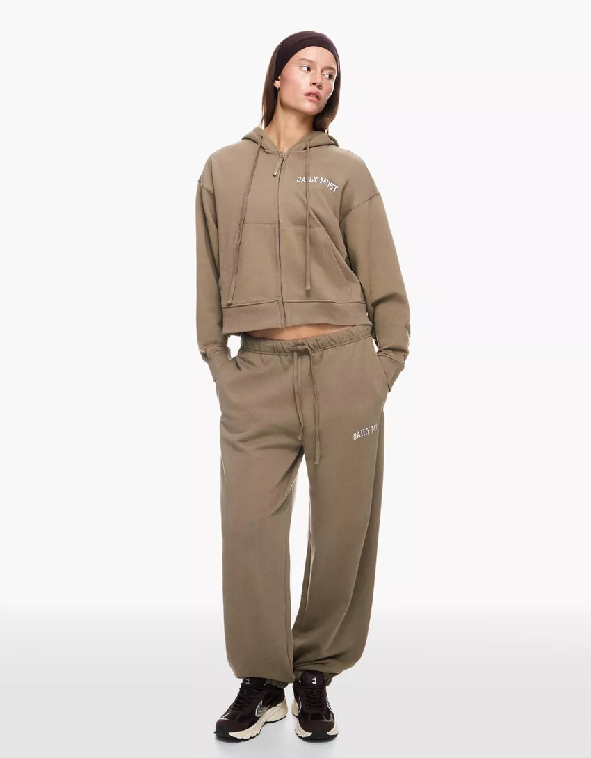 Embroidered zip-up hooded sweatshirt