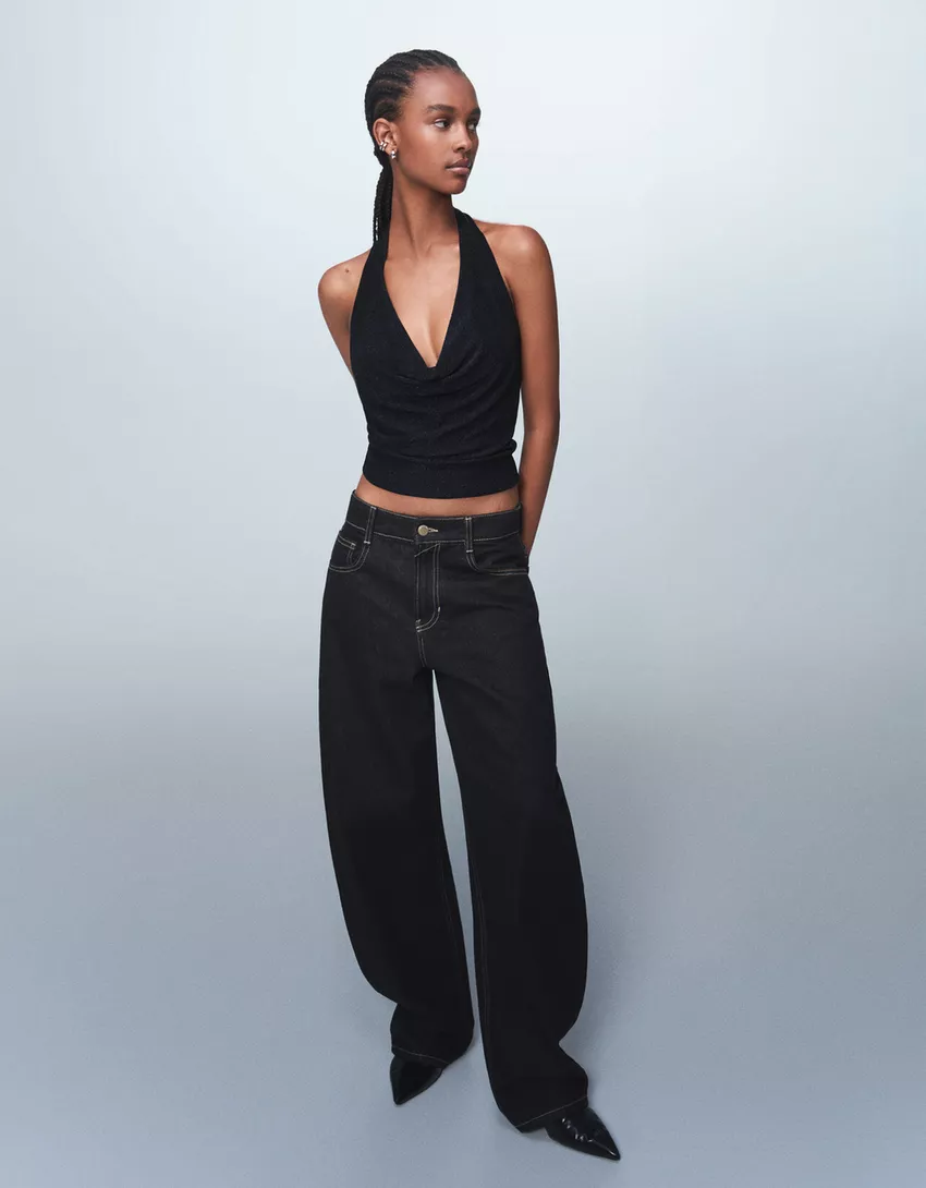 Shimmery draped cowl neck halter top