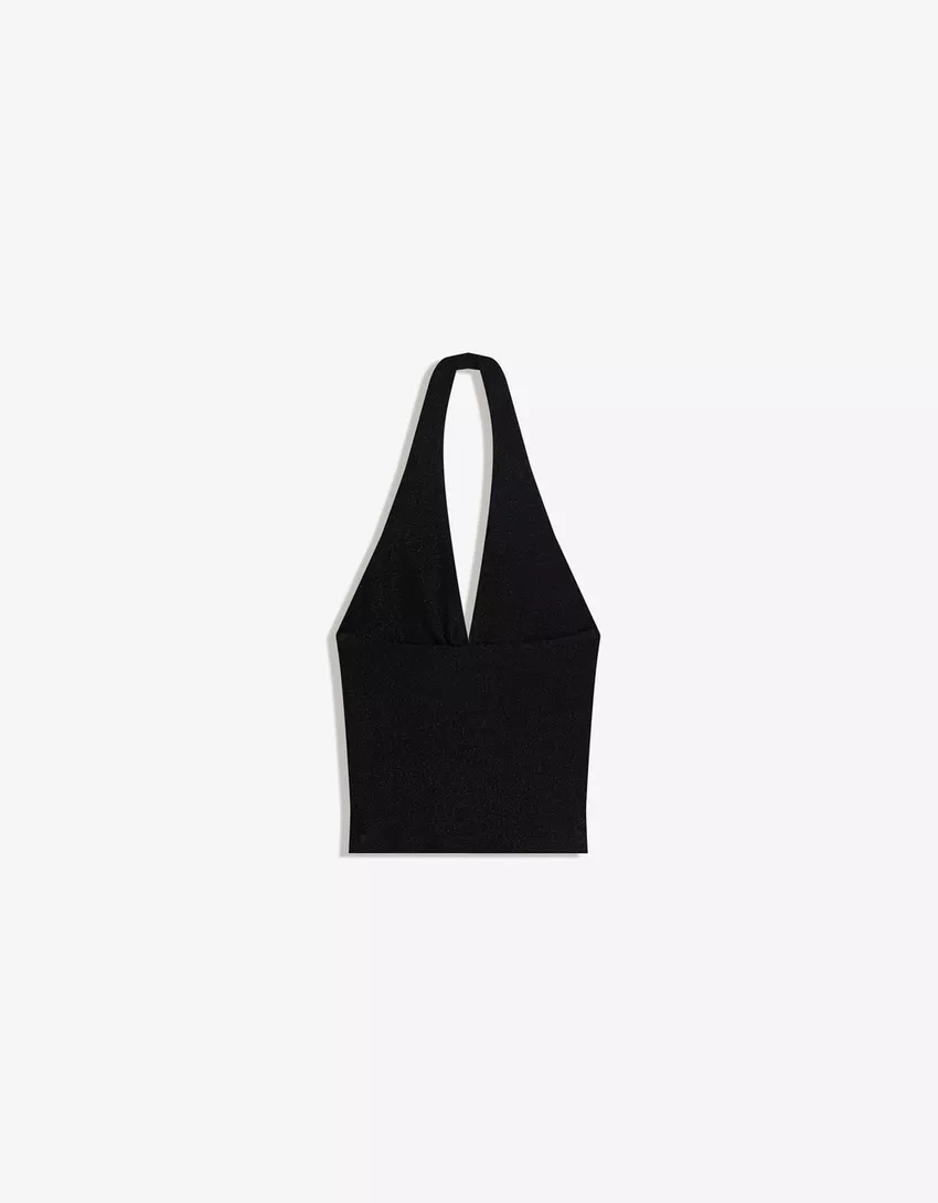 Shimmery draped cowl neck halter top