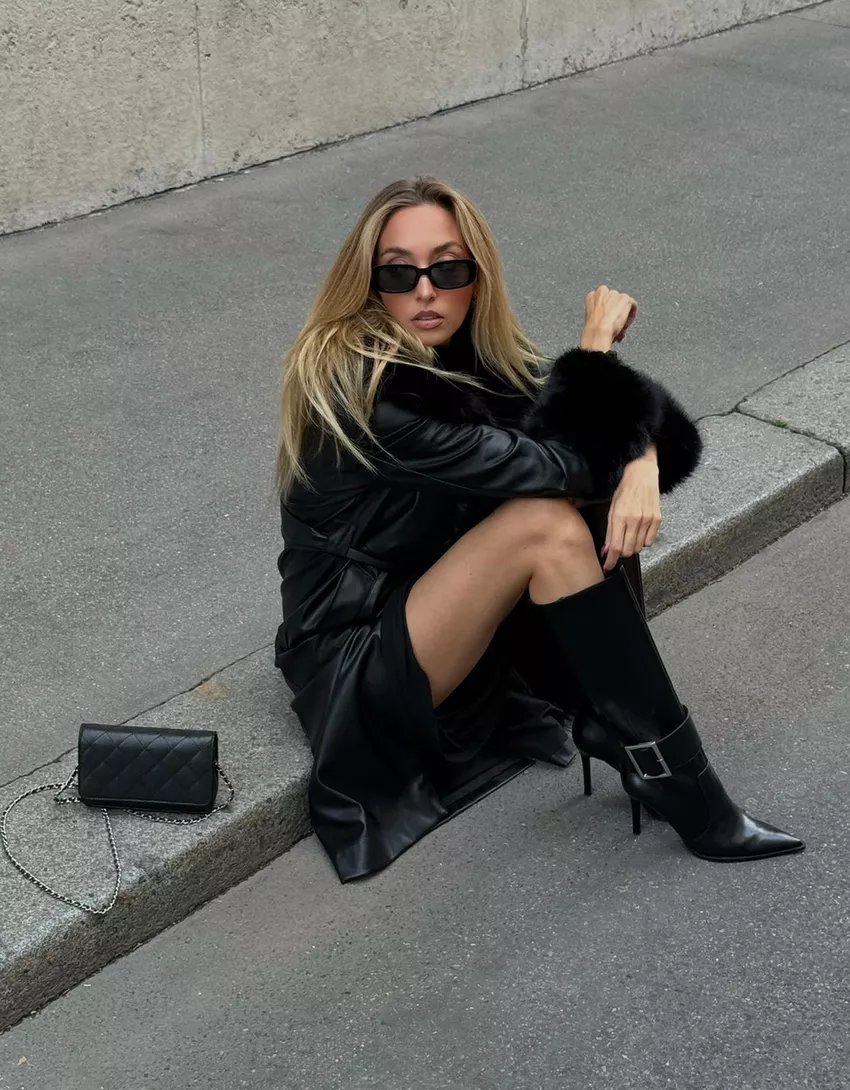 Contrast leather effect coat with faux fur